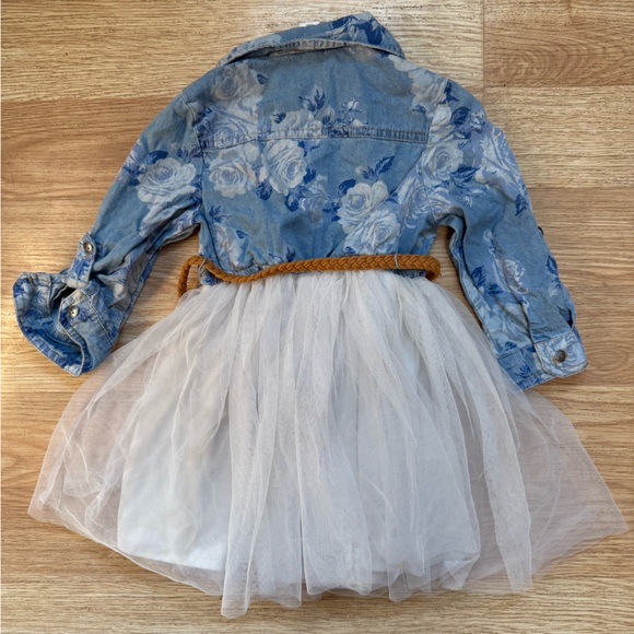 SUGAR GIRLS' FLORAL EMBROIDERED LONG SLEEVE‎ BUTTON-DOWN DENIM TUTU DRESS XS - Picture 2 of 3